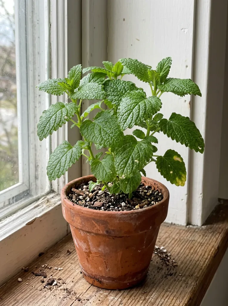 Healthy lemon balm plant growing indoors near a sunny window