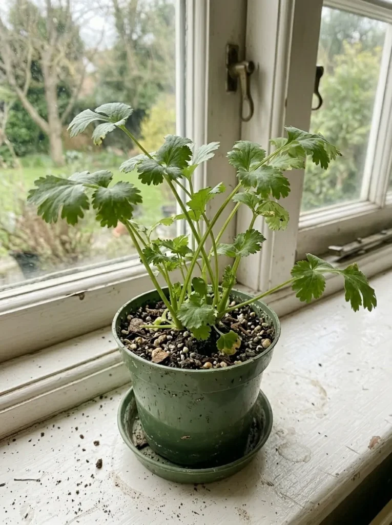 Fresh cilantro plant growing indoors in a small pot by a window