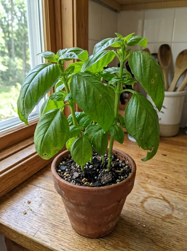 Basil plant with large green leaves growing indoors on a kitchen counter