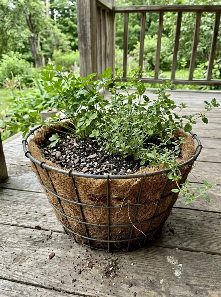 Wire basket herb planter with coconut fiber liner growing parsley and thyme on a cottage garden porch