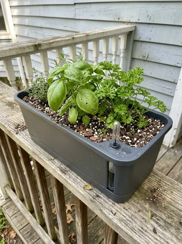 Self-watering planter filled with basil and parsley herbs placed on a sunny porch for easy maintenance