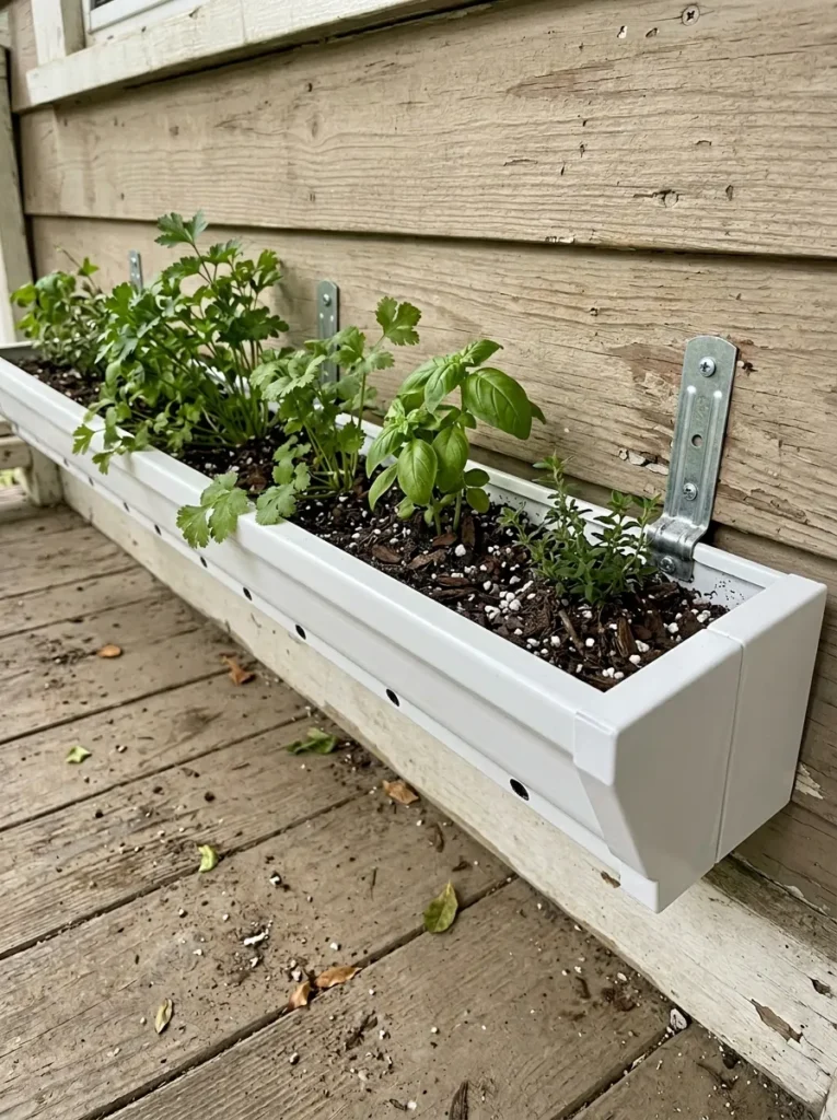 DIY rain gutter herb garden mounted on a porch wall with cilantro and parsley growing in a narrow container
