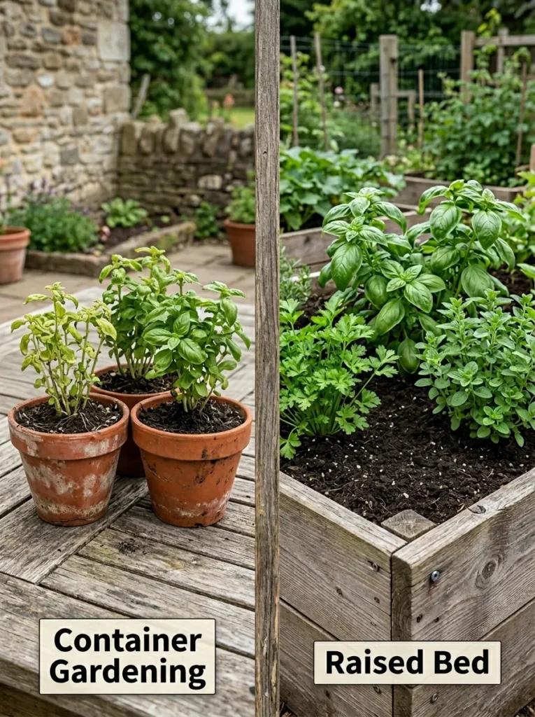 Comparison between container herb garden and raised bed herb garden showing root space differences