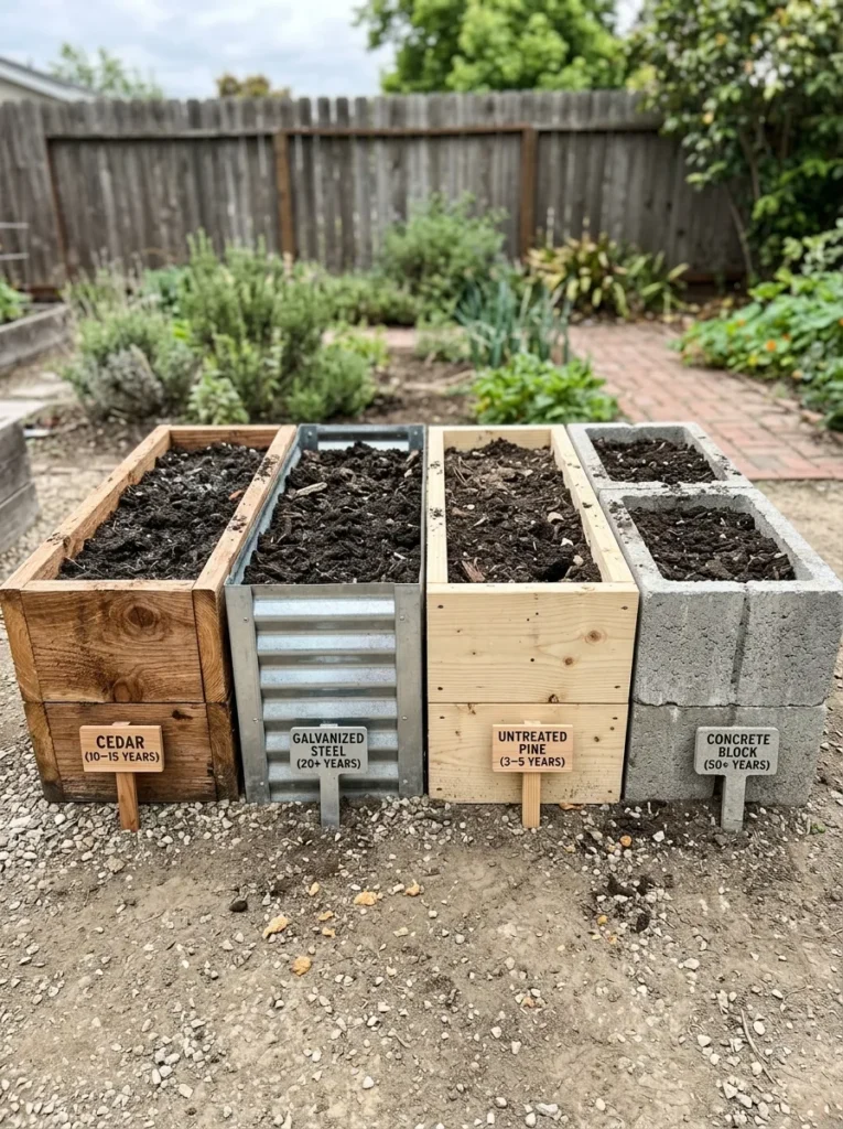 Comparison of raised bed materials: cedar, galvanized steel, untreated pine, and concrete block with lifespans