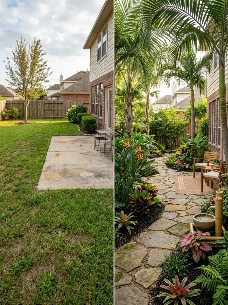 Tropical Backyard Landscaping Ideas With Dramatic Palm Trees and Bold Plants