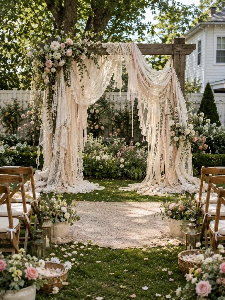 13 Messy Coquette Ceremony Arches: Draped Lace, Velvet, and Undone Elegance for Backyard Vows
