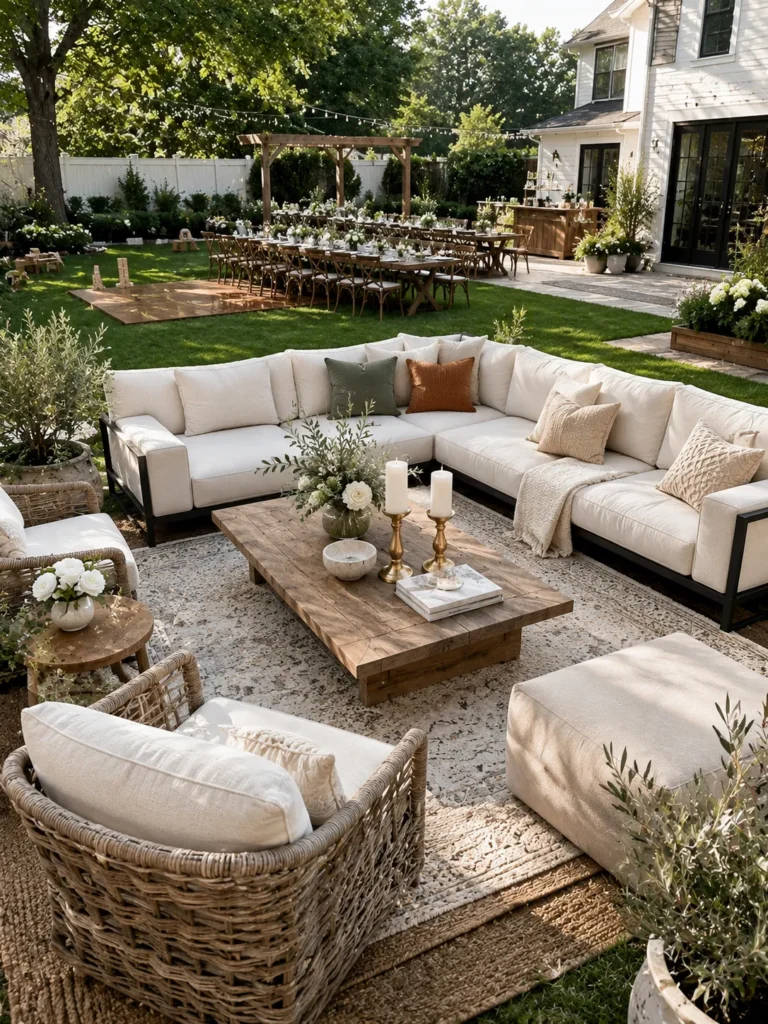 15 Lounge Area Concepts for Backyard Receptions: Couches, Rugs, and Coffee Vignettes